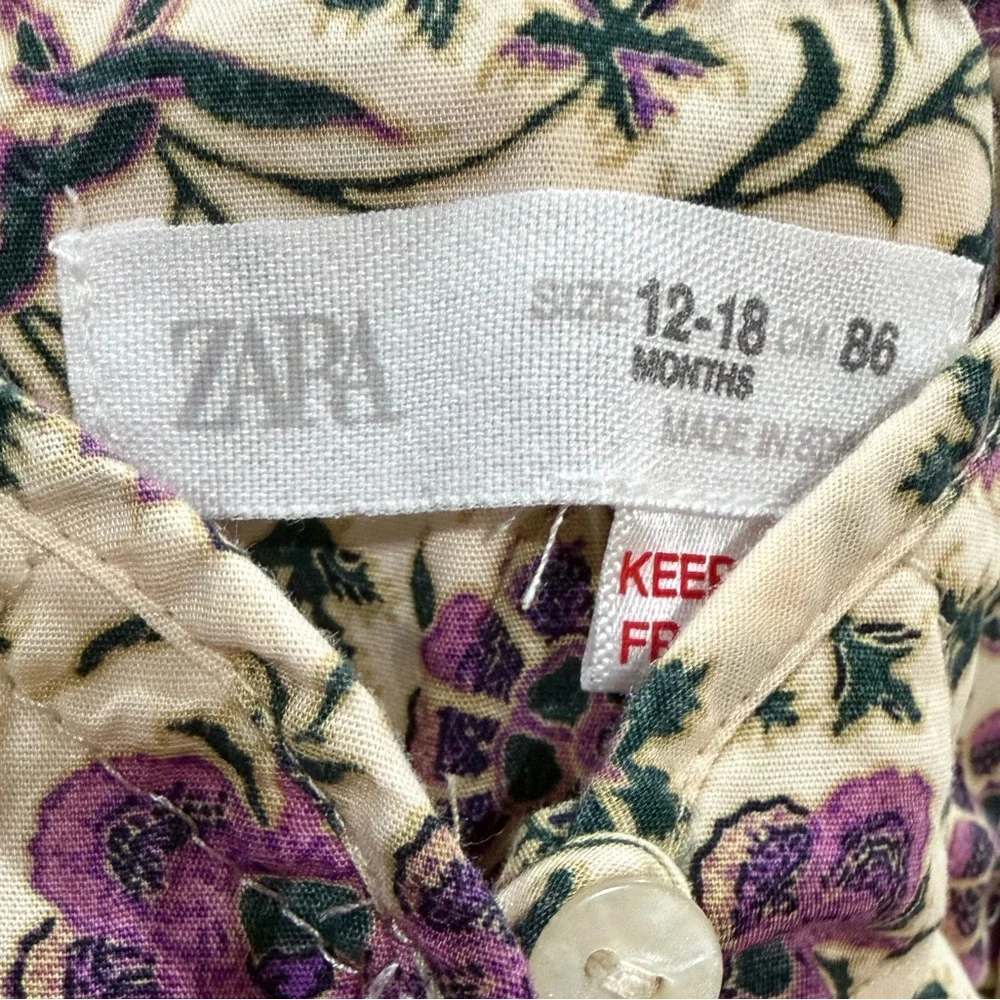 Zara Kids Floral Peasant Top Cream and Purple Floral-size 12-18 M - Picture 2 of 3